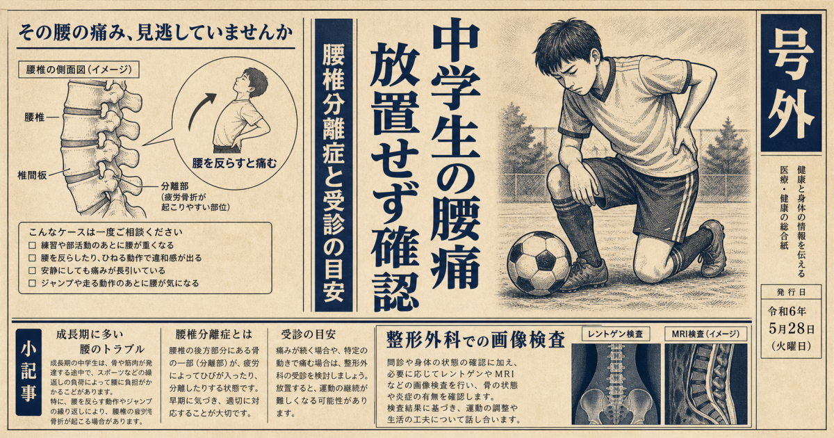 中学生の腰痛を放置すると？腰椎分離症の悪化リスクと受診の目安