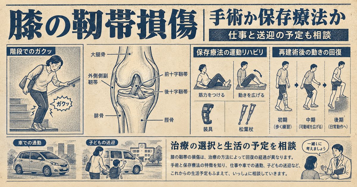 膝の靭帯損傷、手術か保存療法か？仕事と送迎を続けるための判断材料