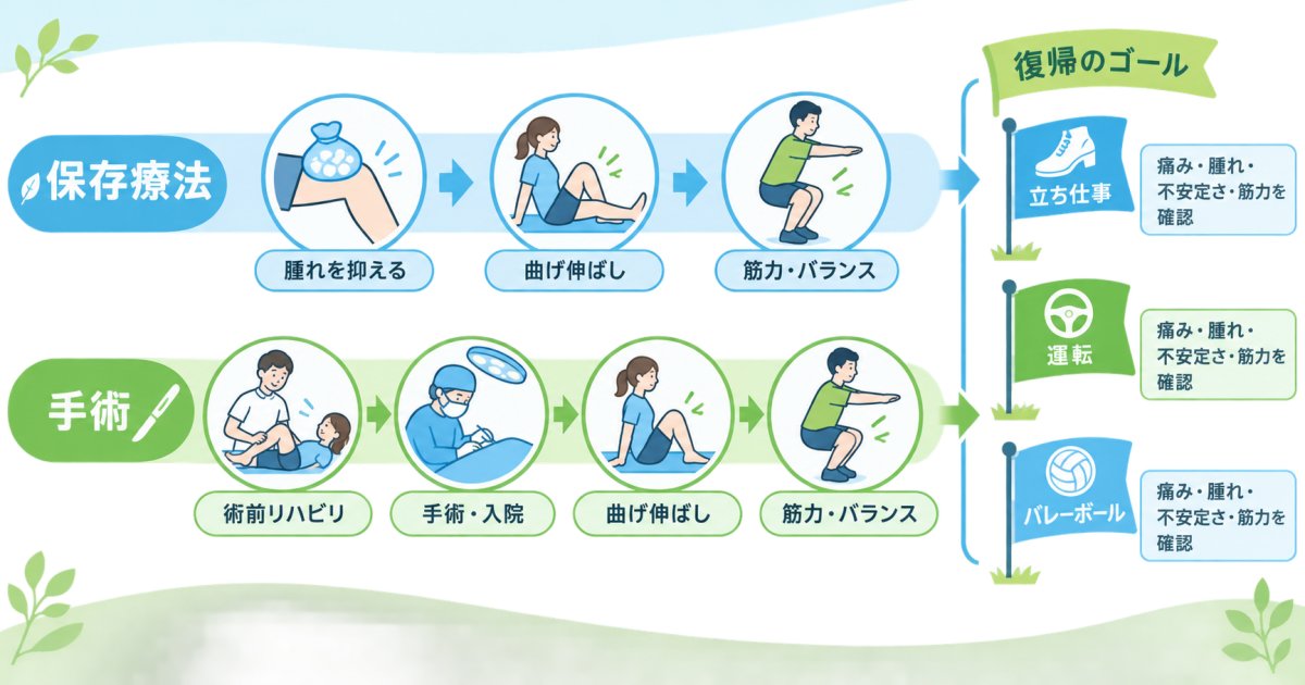 保存療法中と手術後では、リハビリと復帰の進み方がどう違う？