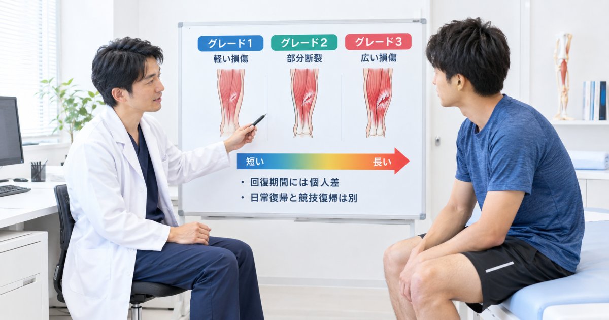 肉離れのグレード1〜3で、回復期間はどれくらい違いますか？